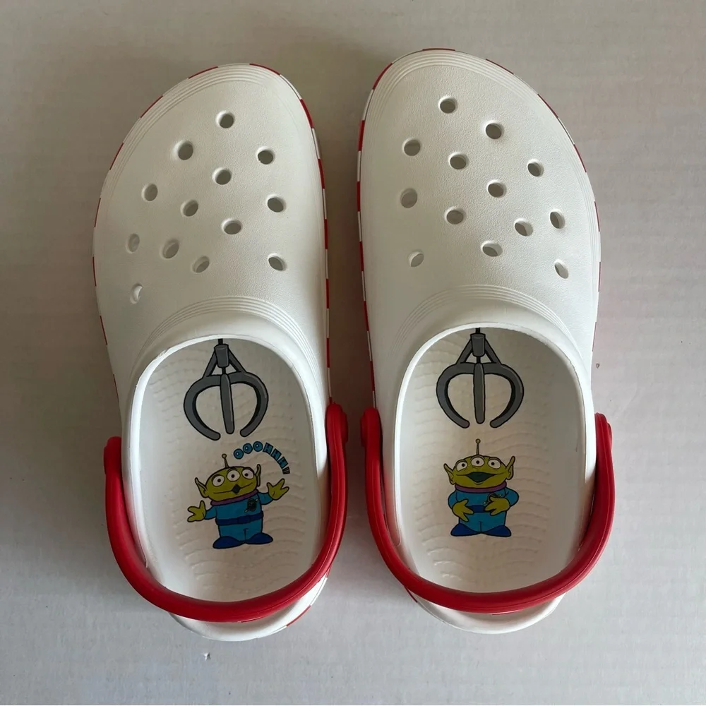 CROCS White and Red Toy Story Platform Clogs Women Size 7.  Men Size 5